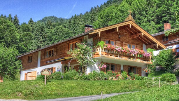 Una baita in legno con un balcone, immersa nel verde e circondata da un pendio boscoso.