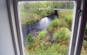 En vy över en flod sedd genom ett fönster, omgiven av grönska och med en bro i bakgrunden.
