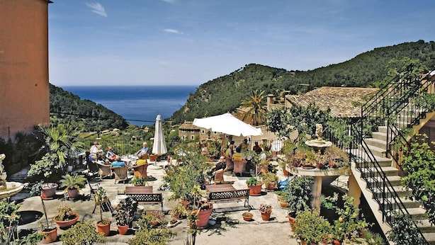 A coastal outdoor seating area with tables and chairs, surrounded by potted plants and a view of the sea.