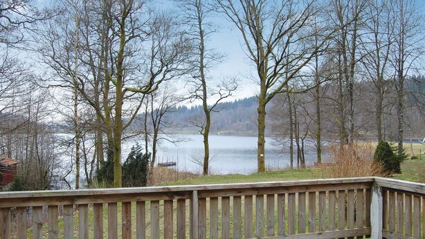 A wooden deck overlooking a lake with trees and a distant building.