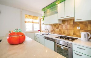 Fridge, stovetop, dishwasher, coffee/tea maker