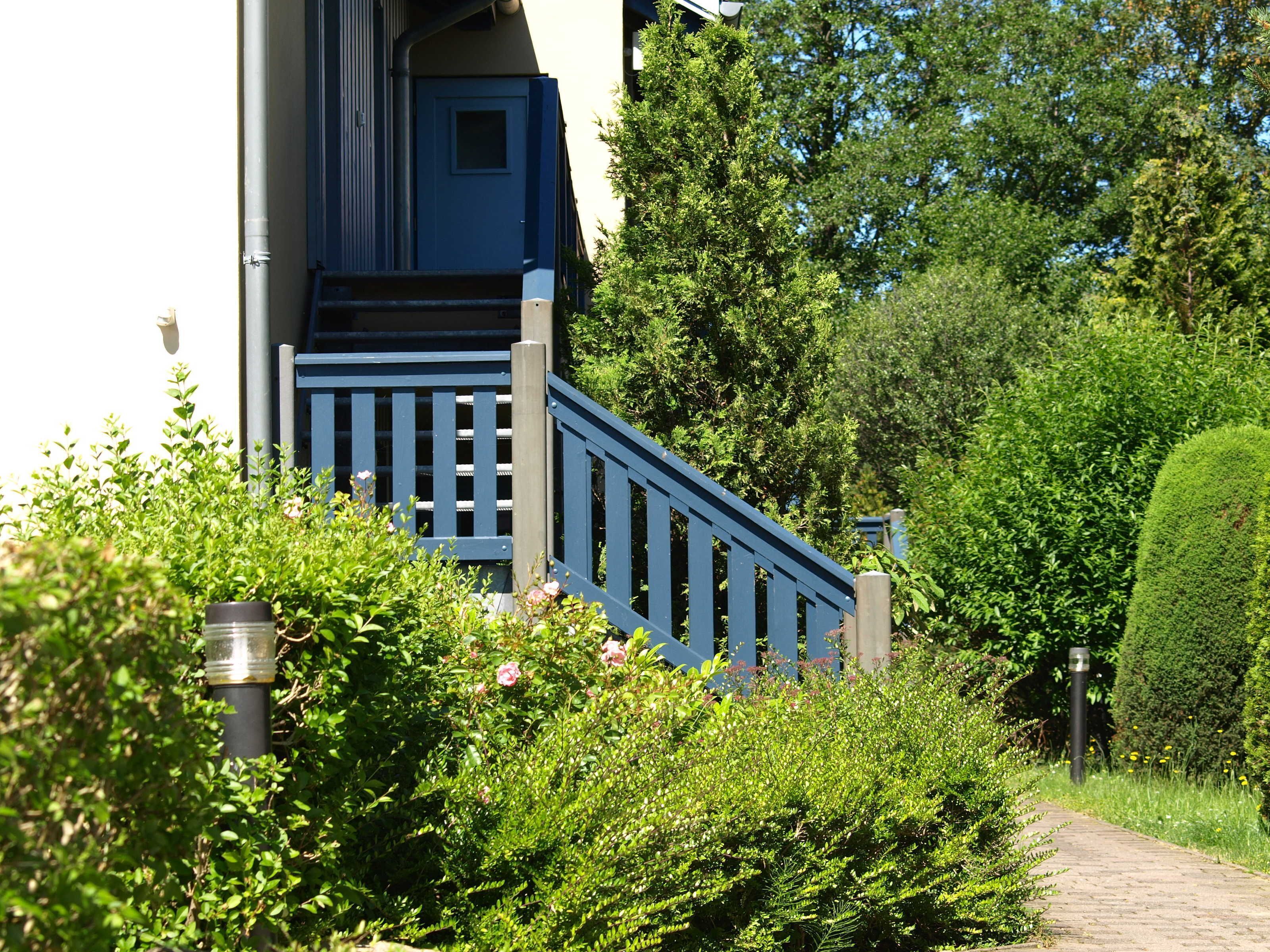Ein Weg, der zu einem Gebäude mit einer blauen Treppe und einer Tür führt.