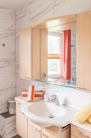 Shower, hair dryer, towels