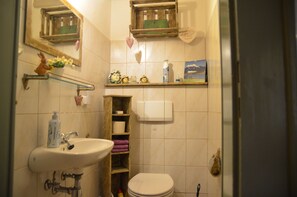 A bathroom with a sink, toilet, and shelves with toiletries. - Apartment Ape Maja, Germany (Bad Wiessee)