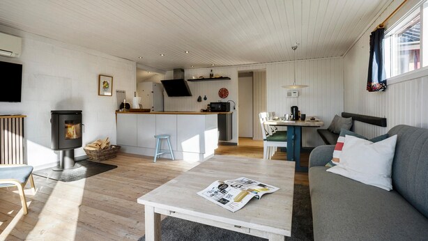 Un salon chaleureux avec un canapé gris, une table basse sur laquelle repose un magazine, un téléviseur et une cheminée.