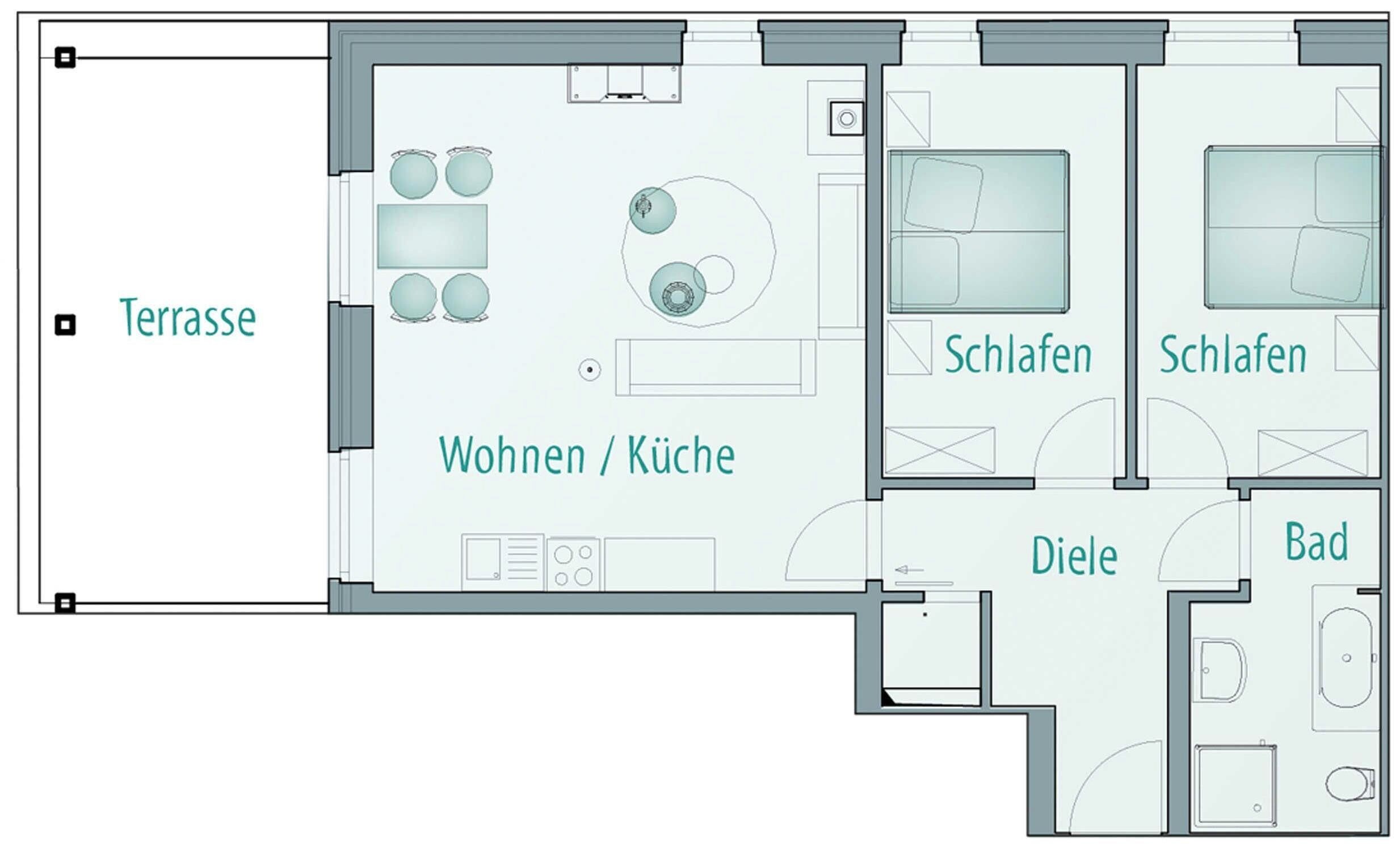 A floor plan of a hotel with a terrace, two bedrooms, a living/dining area, a bathroom, and a kitchen.