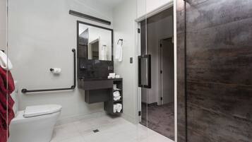 A modern bathroom with a toilet, a vanity with a mirror, and a shower area.