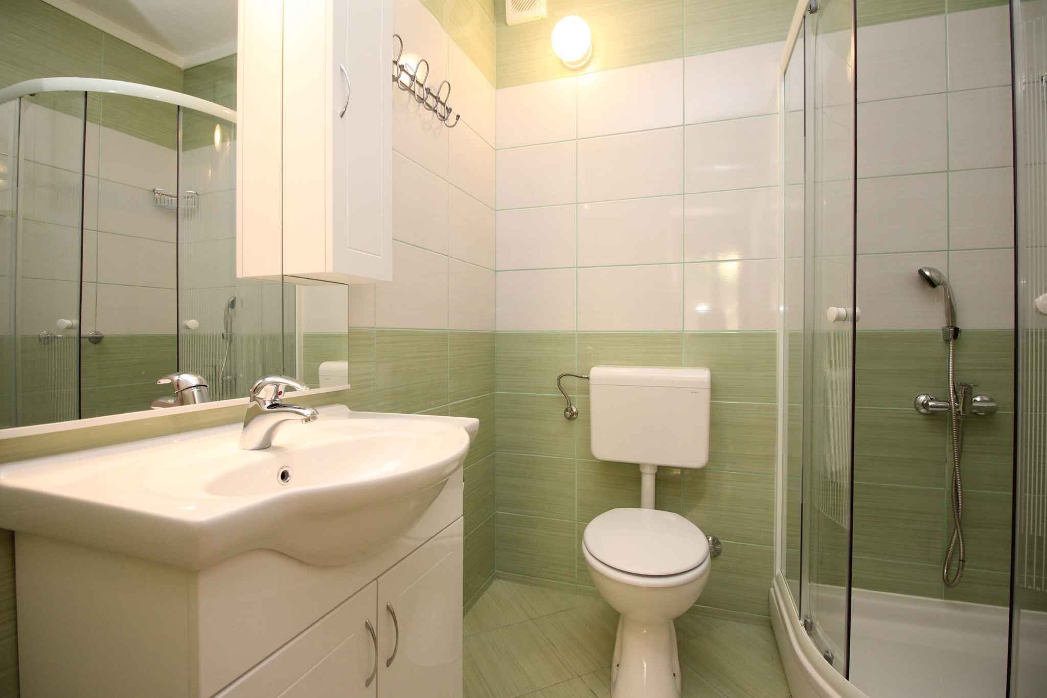 A bathroom with a white sink, a toilet, and a glass-enclosed shower area.