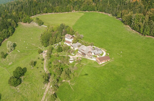 An aerial view of a rural property with multiple buildings, including a large house with a red roof, surrounded by green fields and trees. - Ferienwohnung Klein St. Paul (Klein St. Paul)