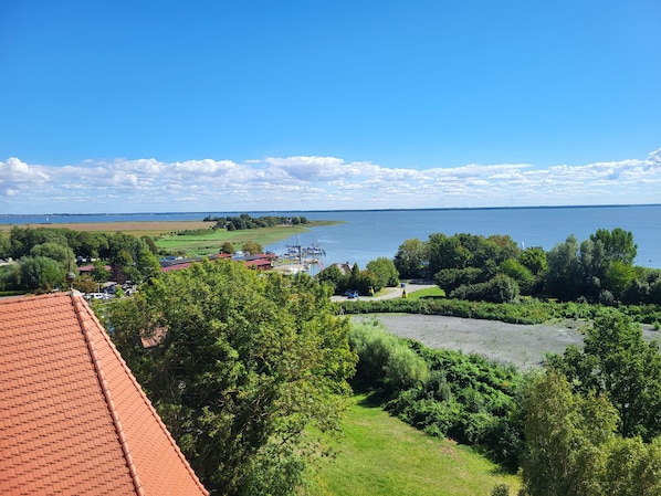 Udsigt over kysten med en lystbådehavn, grønne marker og en klar himmel.