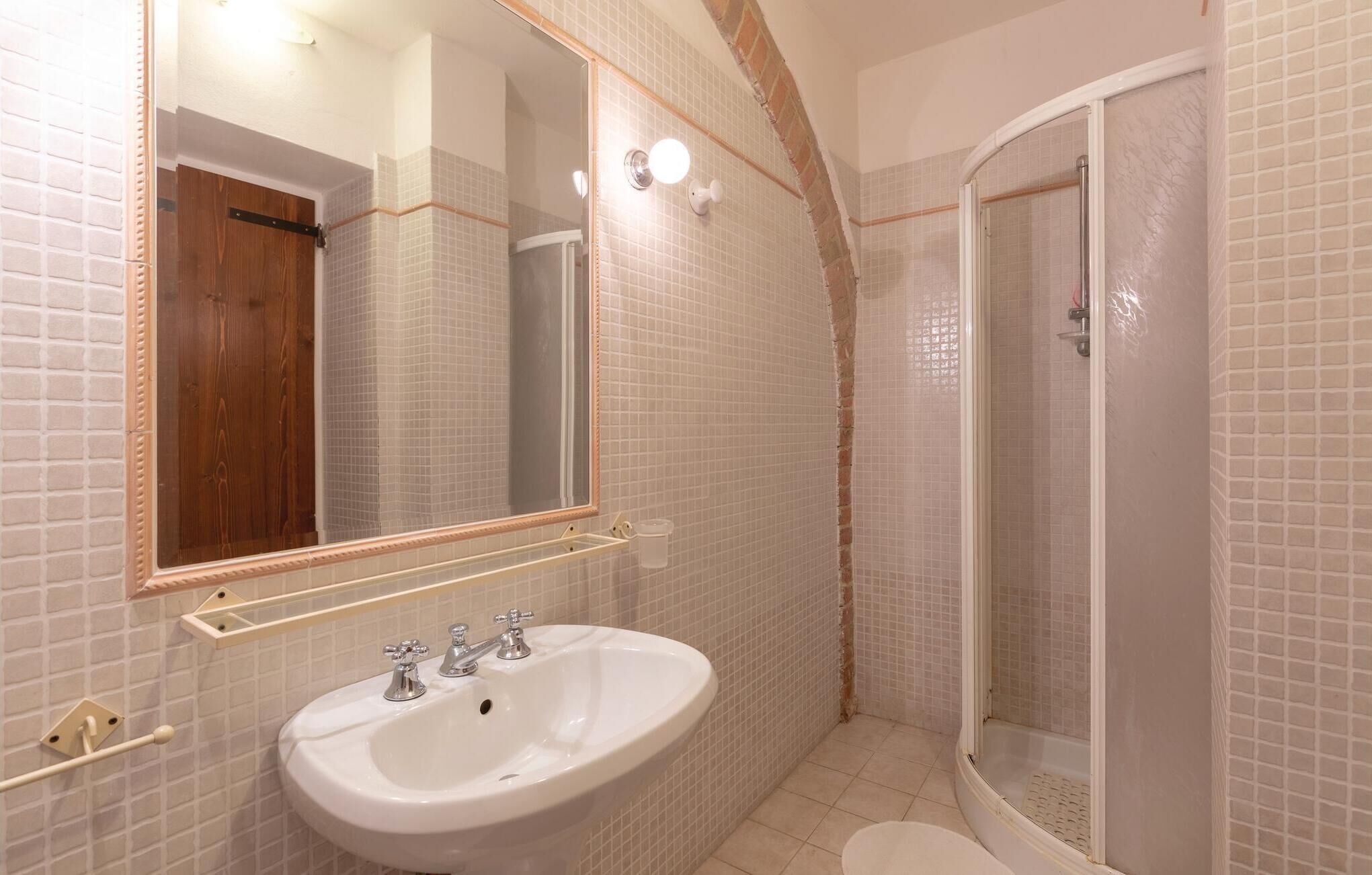 A bathroom with a white sink, a mirror, and a shower area.