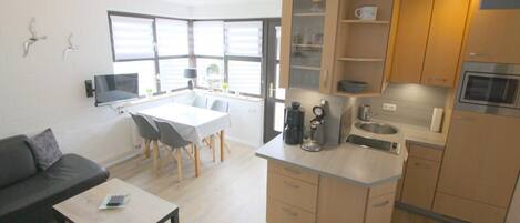 Fridge, microwave, dishwasher, coffee/tea maker