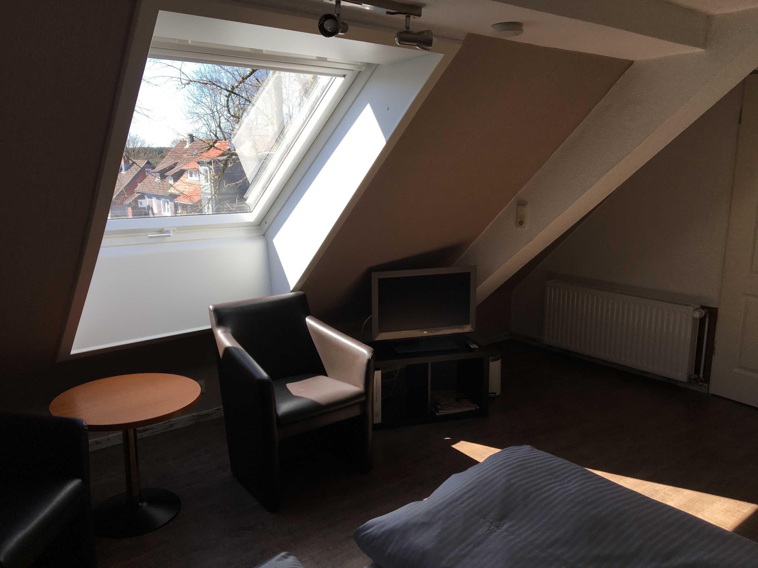 A room with a skylight, a TV, a bed, and a small table.