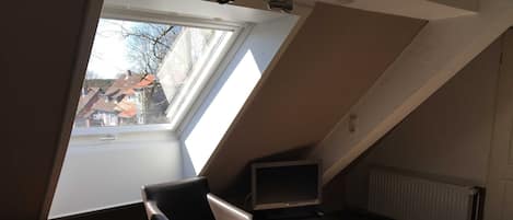 A room with a skylight, a TV, a bed, and a small table.