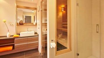 Dusche, Haartrockner, Handtücher, Seife
