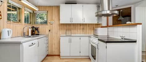 Fridge, stovetop, dishwasher, coffee/tea maker