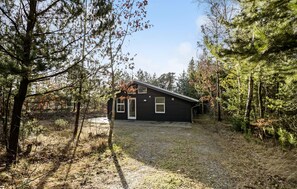 Une cabane avec un toit en pente, une porte d’entrée et un petit espace porche.