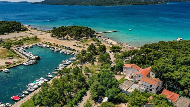 Vista aérea de uma marina costeira com barcos atracados, rodeada por vegetação e edifícios residenciais.