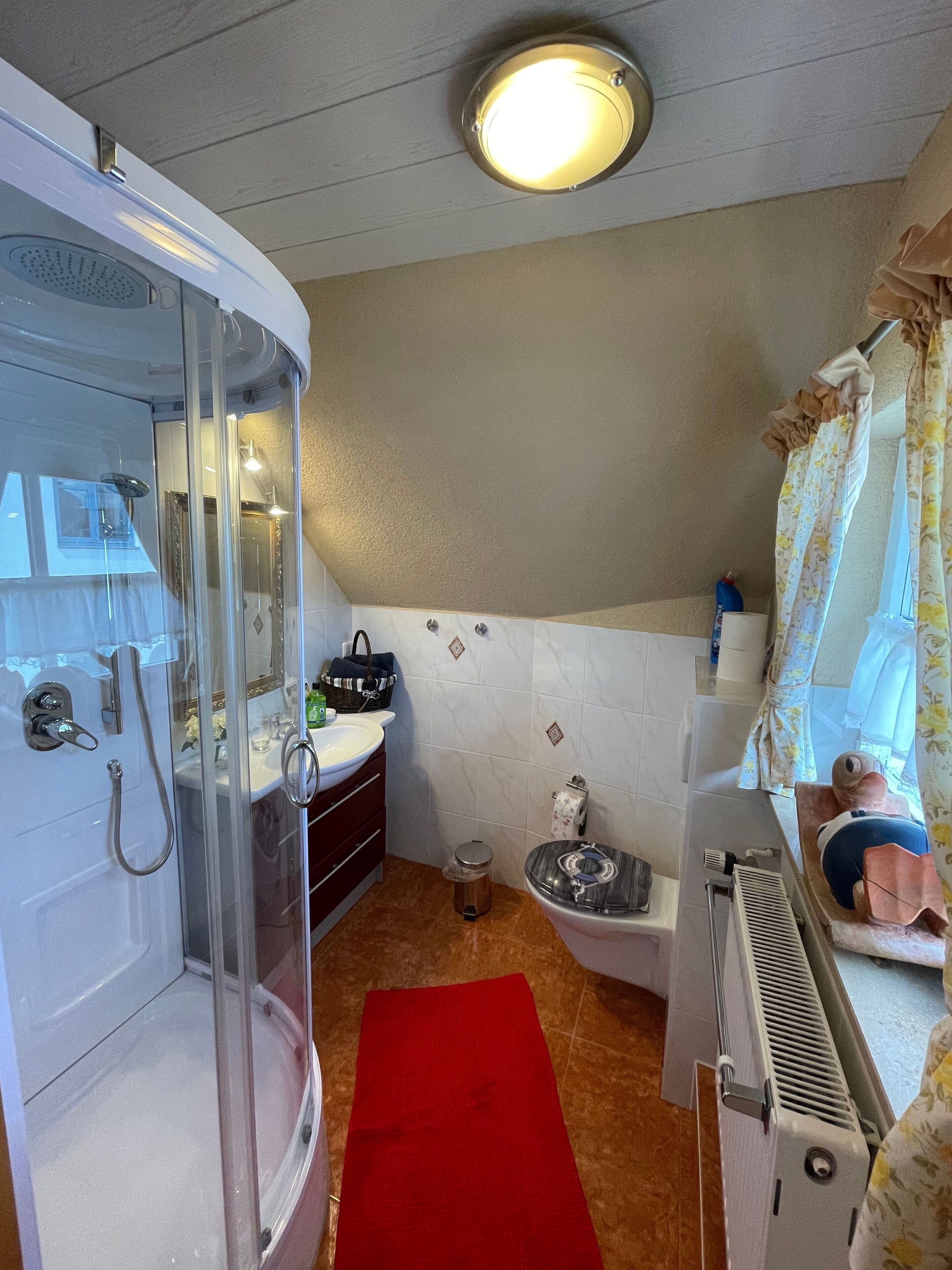 Pieni kylpyhuone, jossa on lasiseinällä varustettu suihku, wc ja pesuallas.
