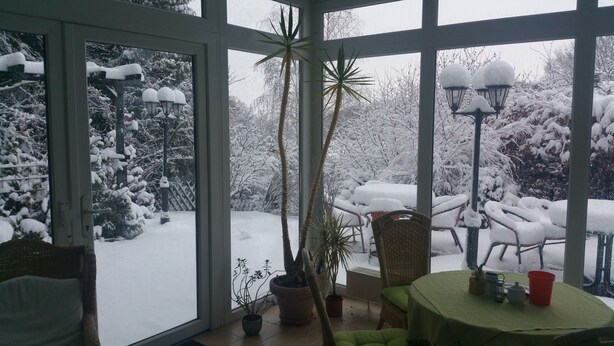 Een oranjerie met uitzicht op een besneeuwde tuin. Binnen staan potplanten, een rieten stoel en een tafel met een groene tafelkleed.