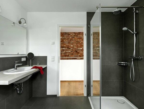 Shower, hair dryer, towels