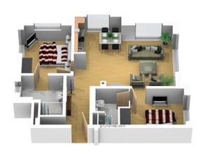 En 3D-planritning över en modern lägenhet med vardagsrum, matplats, kök, två sovrum och ett badrum.
