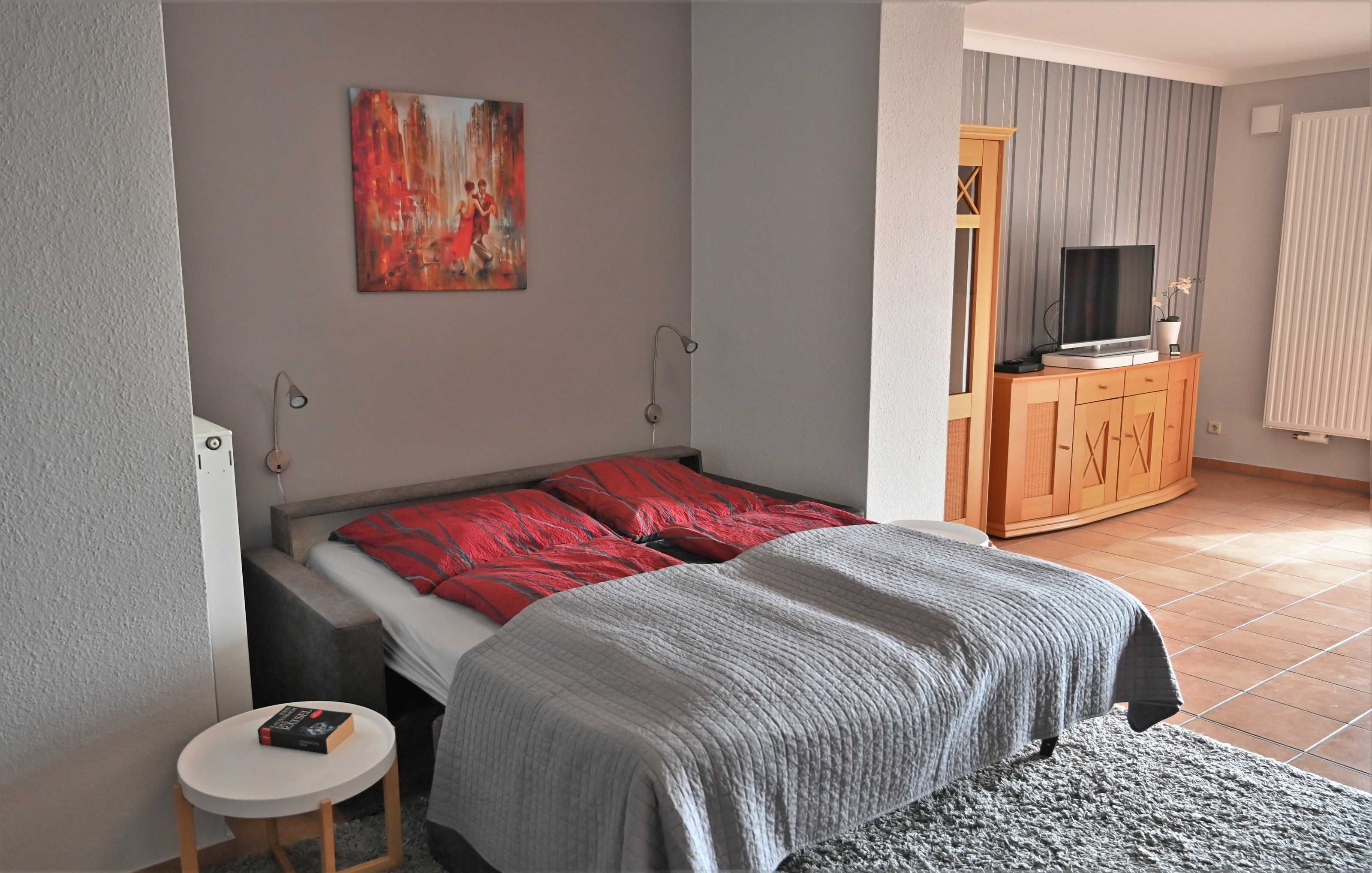 Un dormitorio con una cama, un televisor sobre un mueble de madera, un cuadro en la pared y un radiador.