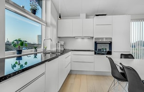 Enjoy a city view from the large window, with a modern kitchen featuring a stainless steel sink, oven, and ample counter space.