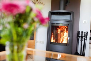 A modern wood-burning stove with a glass door, positioned in a well-lit room with a wooden floor and a vase of flowers in the foreground. - Vacation home Britschock with fenced garden and sauna - Holiday home Britschock (Friedrichskoog)