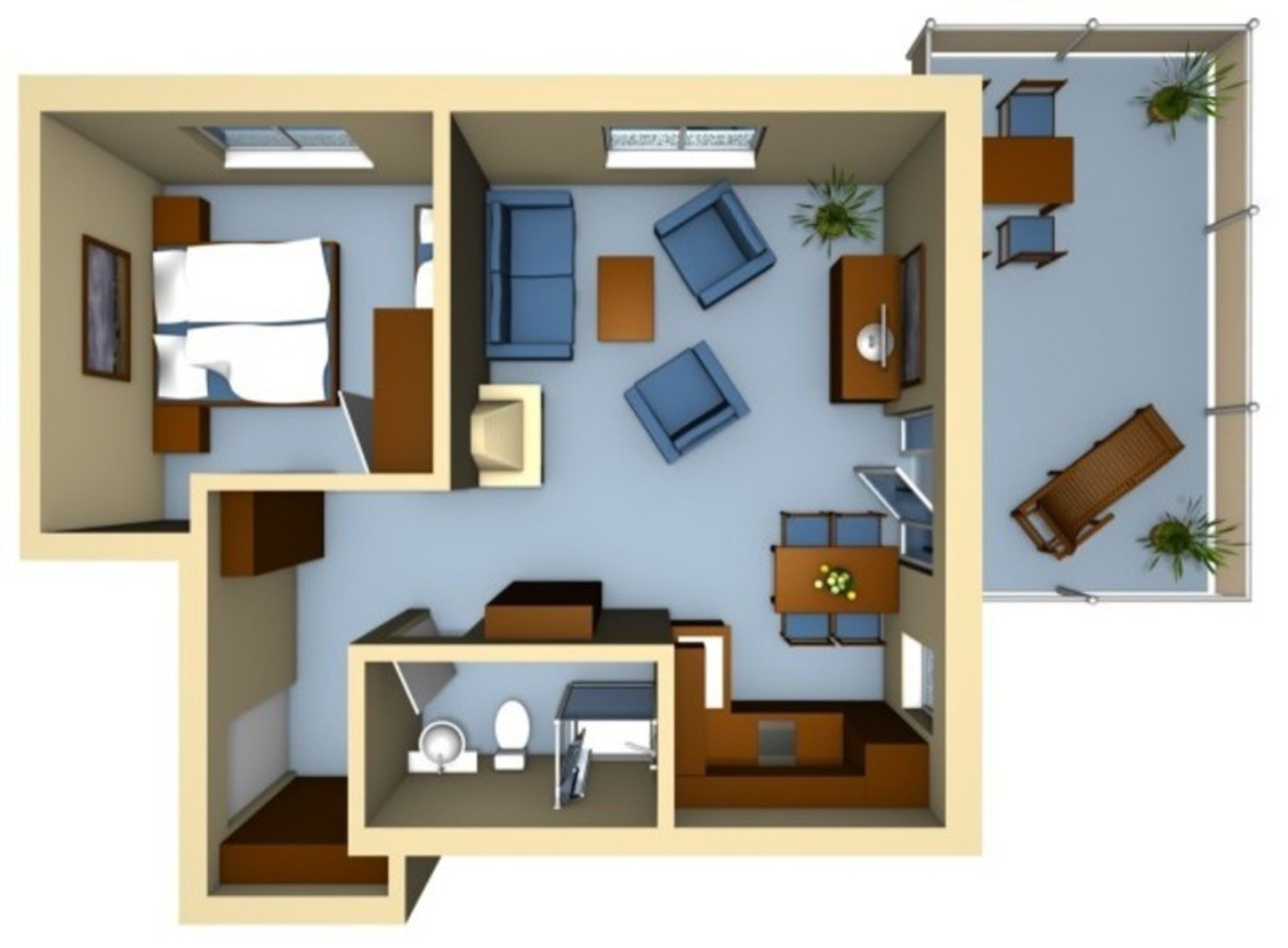 A 2-bedroom apartment layout with a living room, dining area, kitchen, and bathroom.