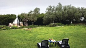 Un espacio al aire libre con césped, dos sillas negras y una mesa, una formación rocosa y árboles en el fondo.