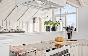 Fridge, stovetop, dishwasher, coffee/tea maker