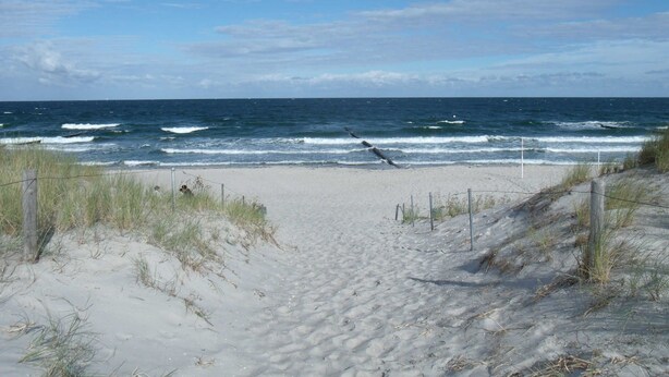 Une plage de sable bordée par les vagues de l’océan, une clôture en bois et un ciel dégagé.
