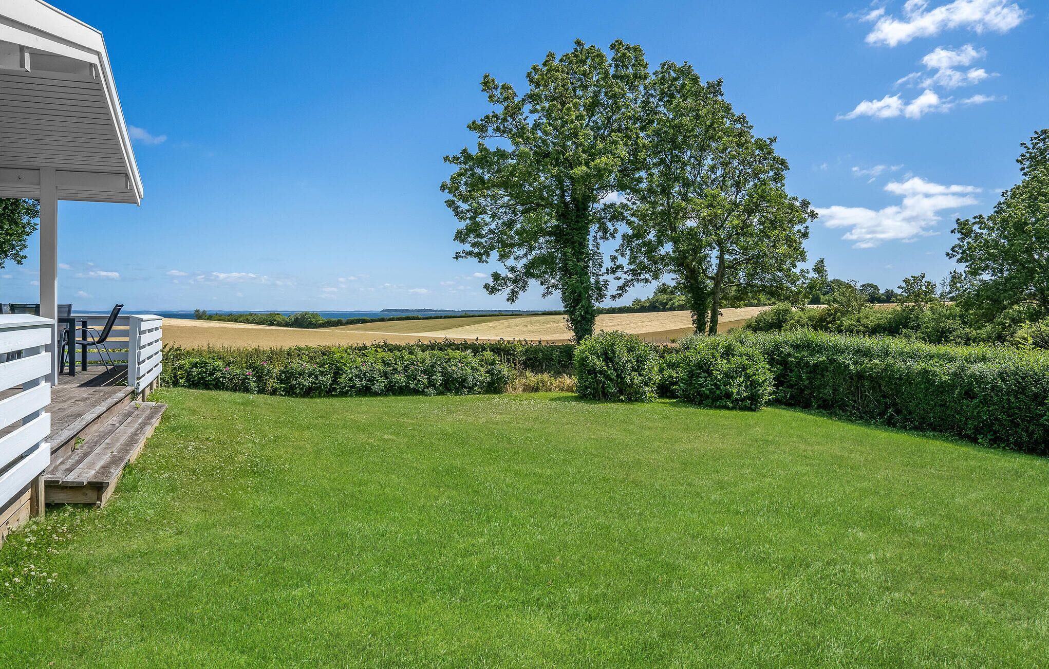 A well-maintained lawn, a wooden deck with outdoor furniture, and a large tree in the background.