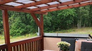 A covered patio with a table and chairs, a potted plant, and a view of a forested area. - Apartment 1 - Apartment 1 (72389) (Lychen)