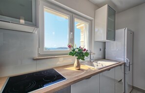 Fridge, stovetop, dishwasher, coffee/tea maker