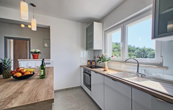 Fridge, stovetop, dishwasher, coffee/tea maker