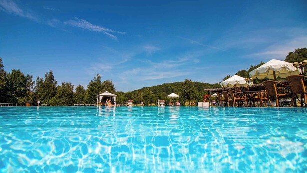 A clear blue pool with lounge chairs and umbrellas, surrounded by trees and a gazebo. - Holiday apartment with pool (Castelluccio Capolona)