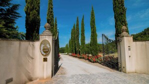 A gated entrance with a cobblestone path leading through tall cypress trees and red flowers. - Holiday apartment with pool (Castelluccio Capolona)