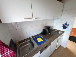 Fridge, microwave, dishwasher, coffee/tea maker