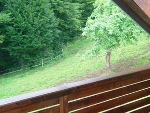 Une balustrade en bois surplombe une zone herbeuse parsemée d’arbres.