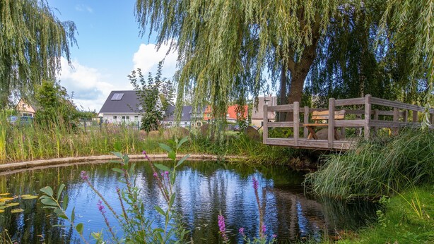 A pond with a wooden bridge, surrounded by greenery and houses in the background. - 270m² apartment - apartment (Rubenow)