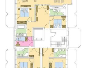 A floor plan of a hotel with multiple rooms, a central hallway, and a dining area. - Ut mine Festungstid (Whg. 6) - Strandresidenz-Kühlungsborn ***** (Kühlungsborn)