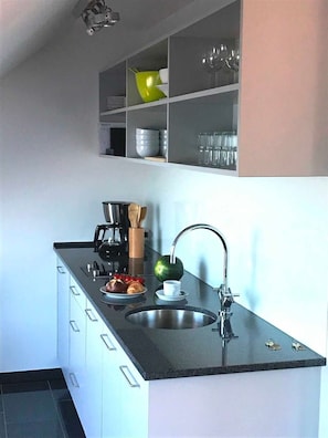 Fridge, microwave, dishwasher