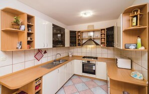 Fridge, microwave, stovetop, cookware/dishes/utensils