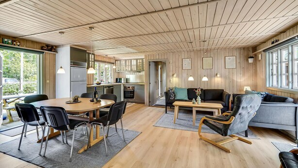 Amplia sala de estar con techo de madera, una mesa de comedor con sillas, un sofá y un sillón mecedora.