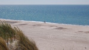 Een strand met een helder uitzicht op de oceaan en een zandpad dat naar het water leidt.
