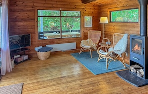 Un acogedor interior de cabaña con chimenea, sillones de mimbre, un televisor y ventanas grandes.