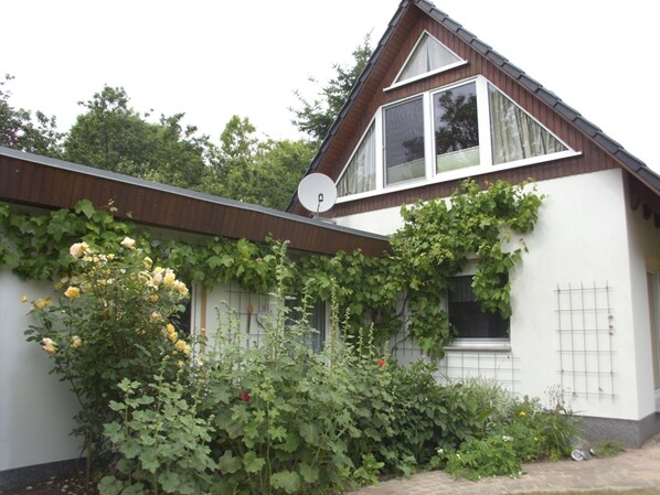 A house with a sloped roof, a satellite dish, and a garden with roses.