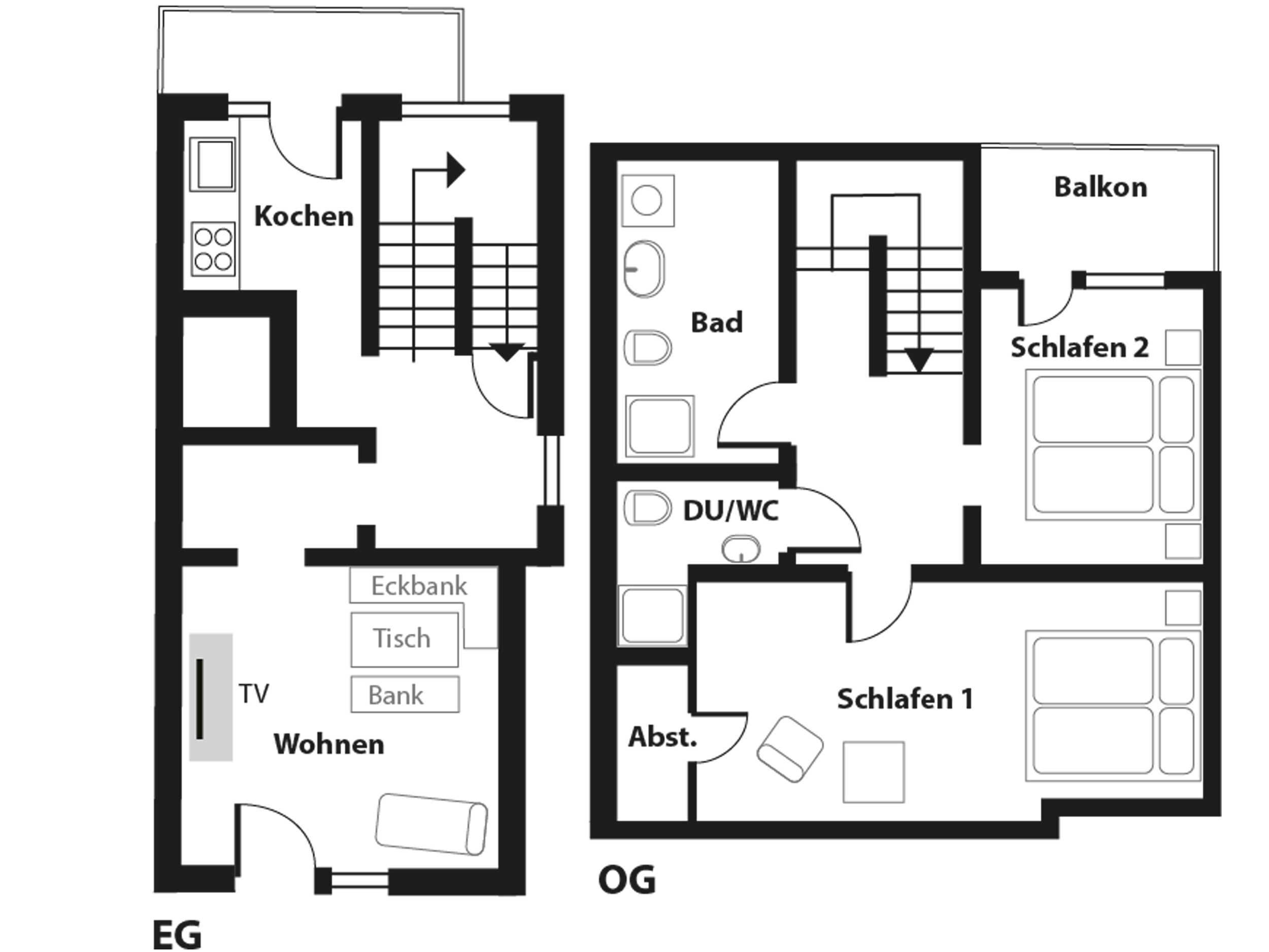 Grundriss eines Hotels mit Küche, Wohnzimmer und zwei Schlafzimmern.